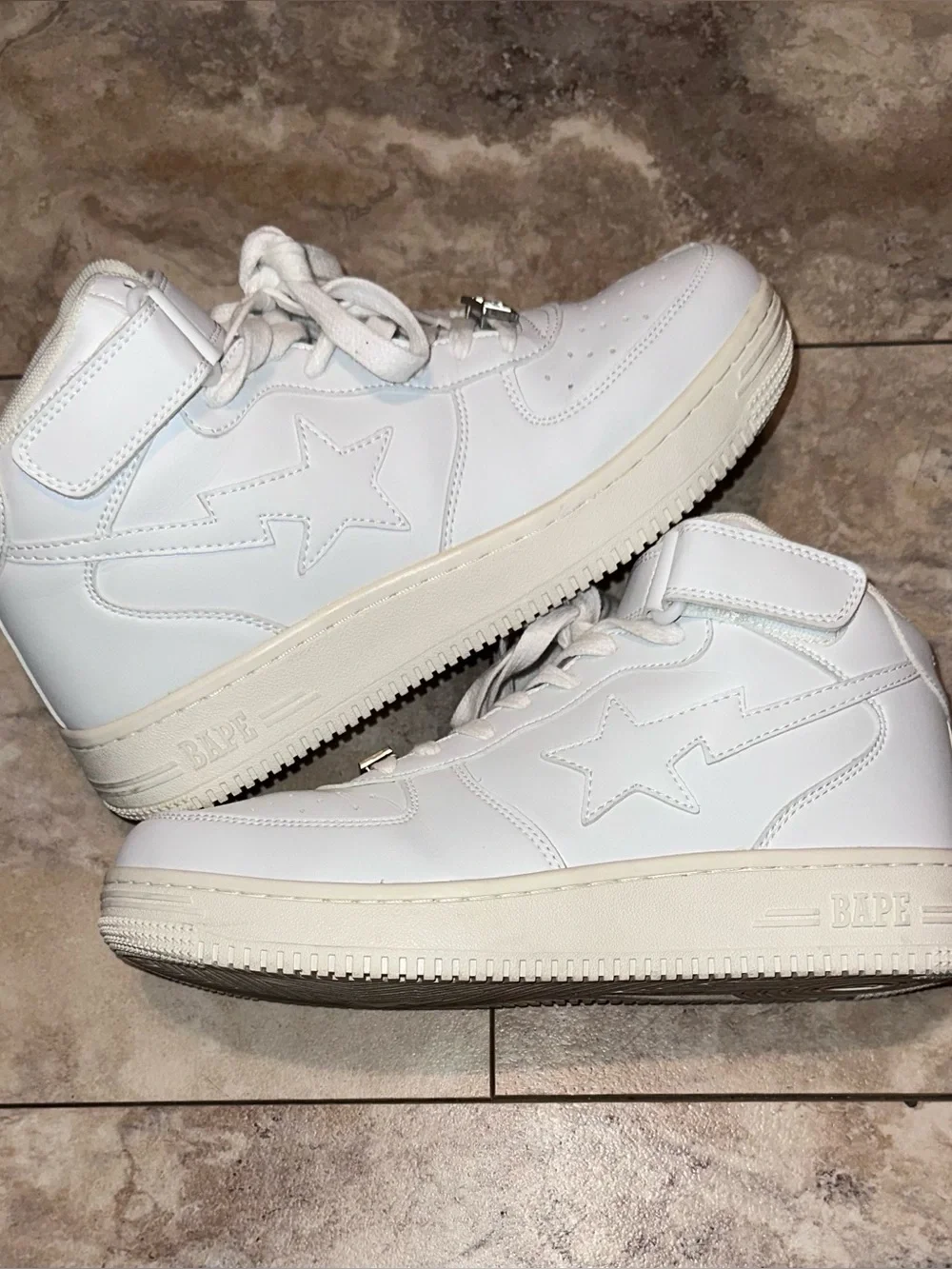 A Bathing Ape BAPE STA Mid White Leather Strap Sneakers Shoes Size 10.5